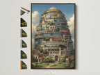 Fantasy Architecture Print displayed in a brown frame. This surreal tower canvas art brings a touch of whimsy to any space. See frame options on the side. Perfect for office space decor. The primary color is brown. The secondary color is green.