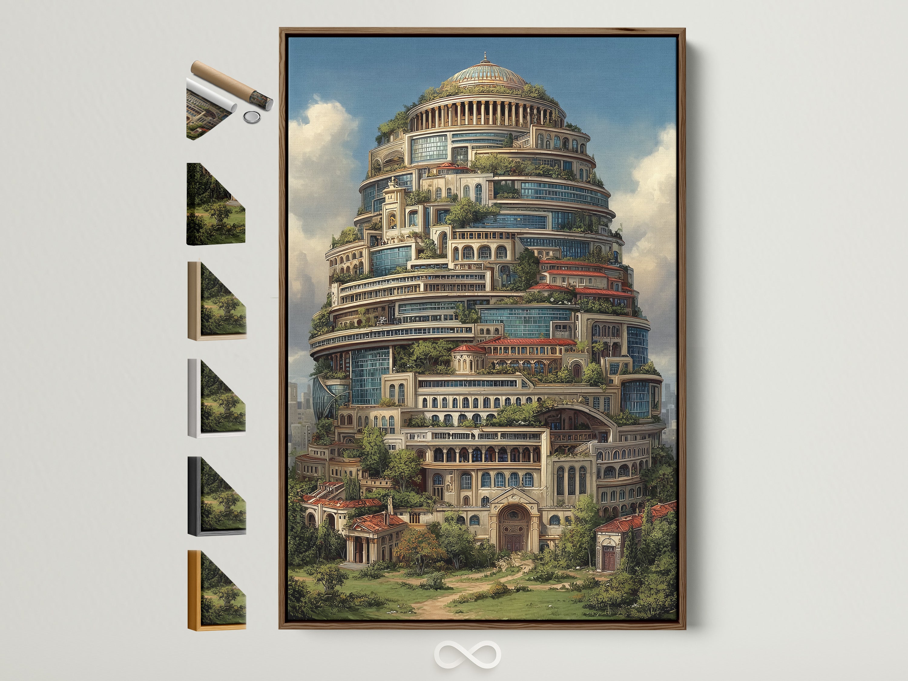 Fantasy Architecture Print displayed in a brown frame. This surreal tower canvas art brings a touch of whimsy to any space. See frame options on the side. Perfect for office space decor. The primary color is brown. The secondary color is green.