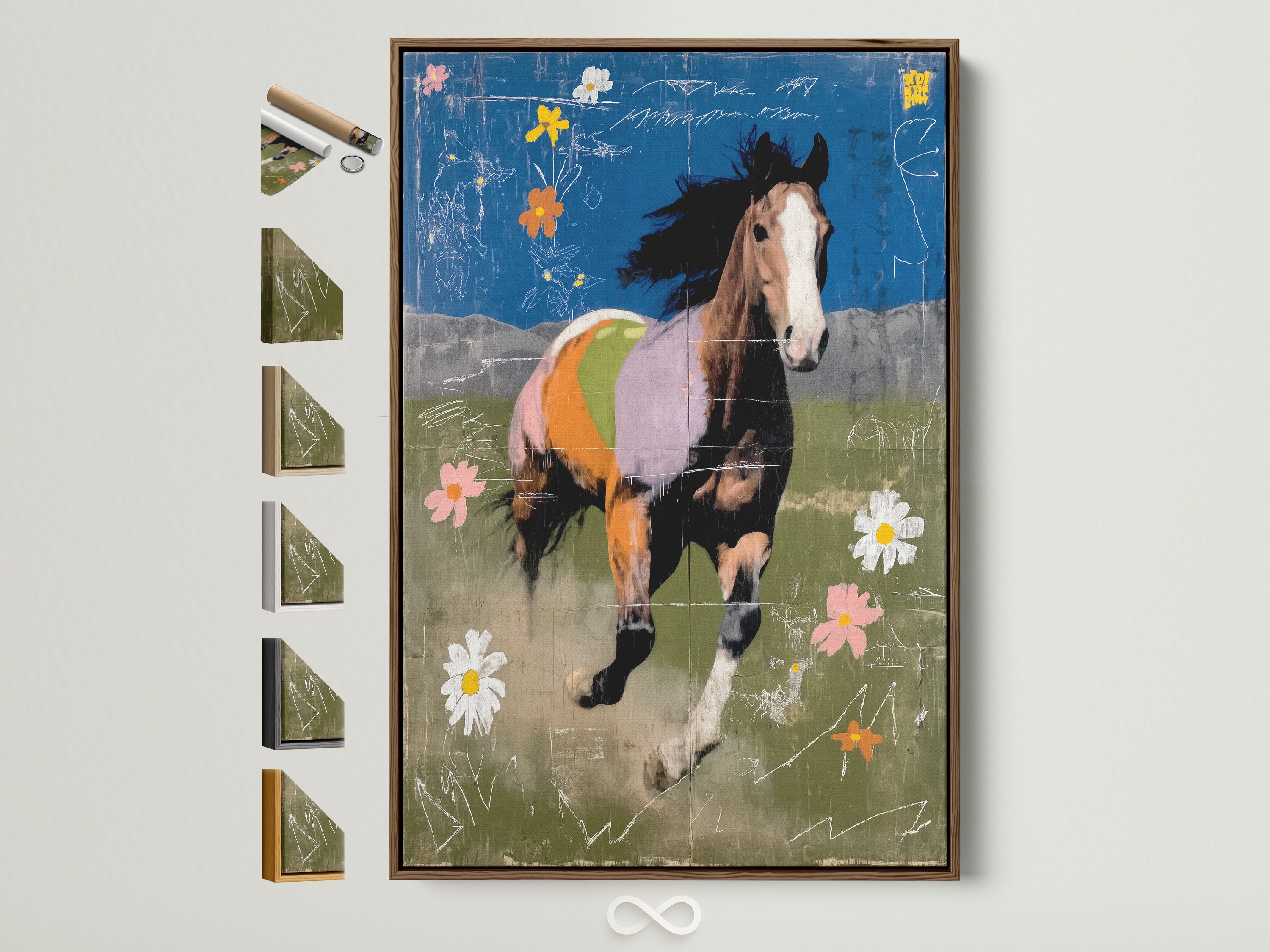 Abstract horse art print in a brown frame. The frame options are displayed on the side. Colorful equestrian wall art for office or bedroom decor. Modern mixed media canvas.