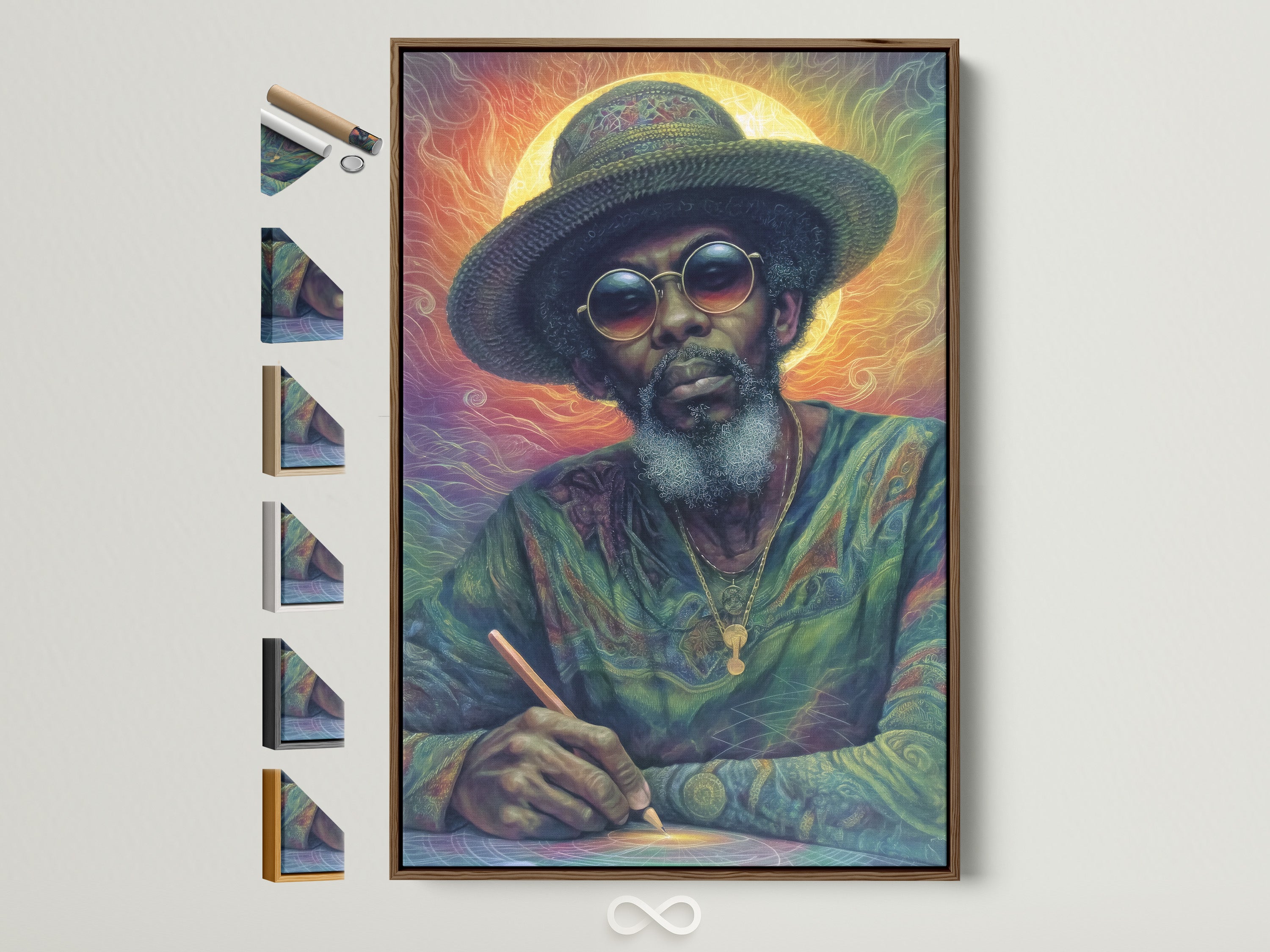Psychedelic portrait artwork with a brown frame. This Colorful Rastafarian wall art brings a vibrant spiritual vibe. The artwork is displayed with various frame options. Perfect decor for a music room. A unique piece of cultural artwork.