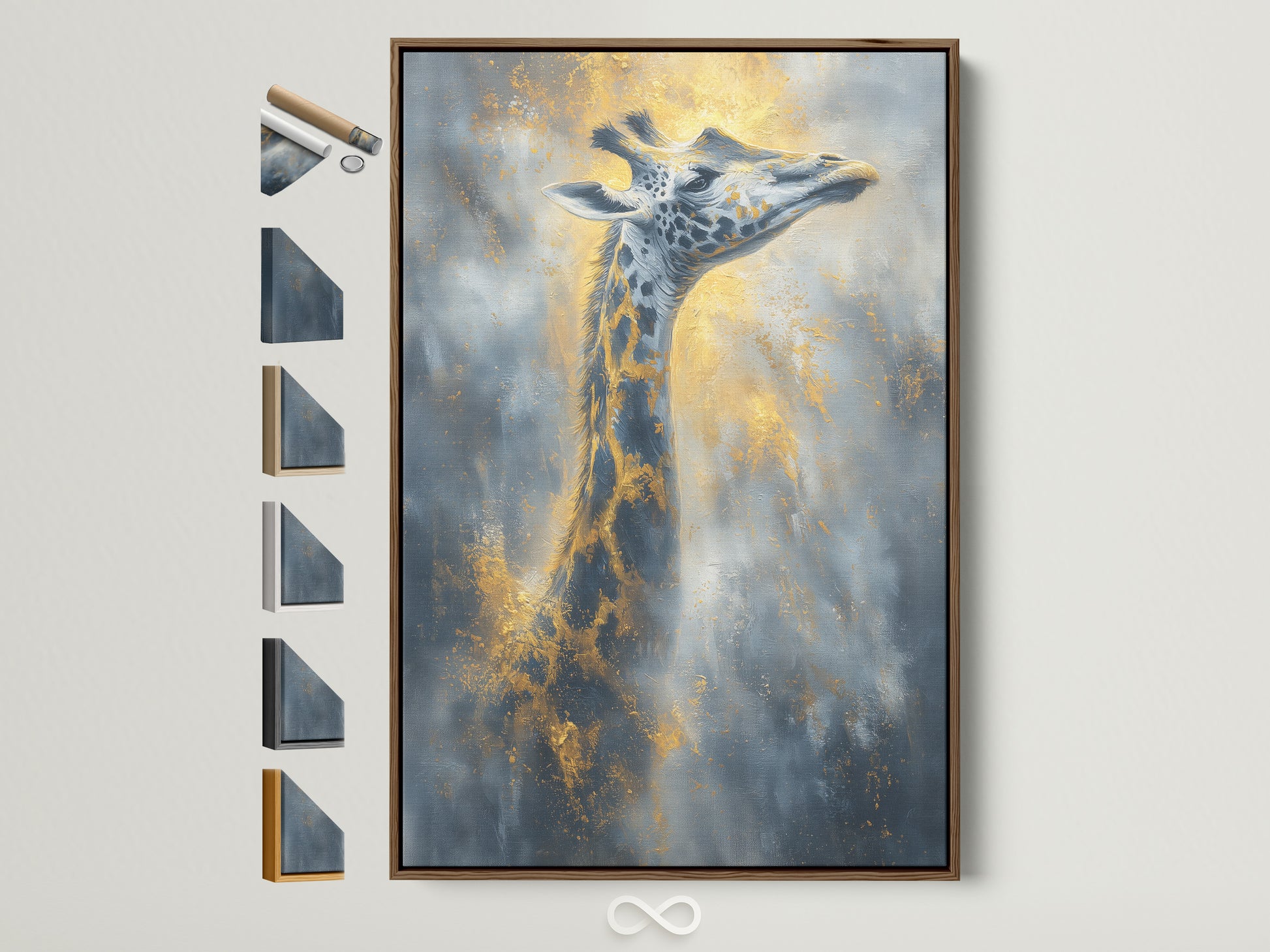 A Giraffe Art Canvas Print with gold accents is displayed with various frame options. The brown frame complements the modern savanna artwork. Perfect animal canvas for bedroom art. See frame styles.