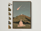 Shooting Star Canvas Print with a brown frame. This artwork features a spiritual seeker. They are sitting on a hill watching a celestial landscape. Perfect zen decor for meditation rooms or yoga studios. Find serene wall art for minimalist or modern styles.