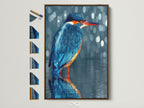 A kingfisher artwork is displayed in a brown frame. Various frame options are showcased on the side. The art print is a modern wildlife photograph. Perfect decor for minimalist or contemporary rooms