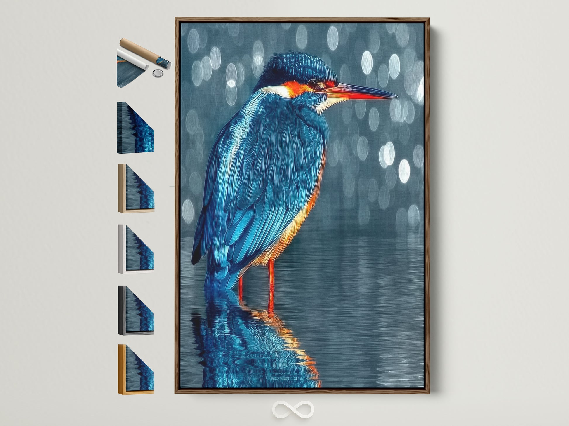 A kingfisher artwork is displayed in a brown frame. Various frame options are showcased on the side. The art print is a modern wildlife photograph. Perfect decor for minimalist or contemporary rooms