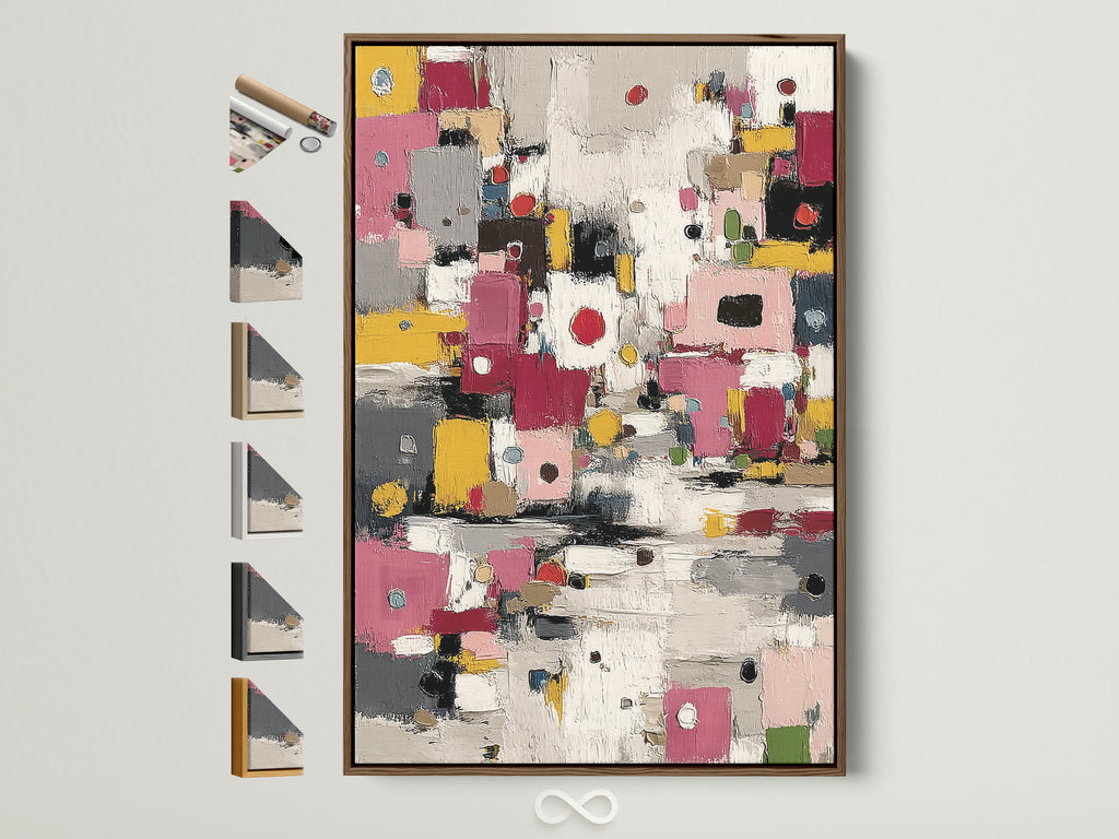 Brown frame displays abstract colorful canvas art. Modern geometric wall art complements minimalist modern or eclectic styles. Pink yellow decor enhances any office or living space. All frame options are showcased.
