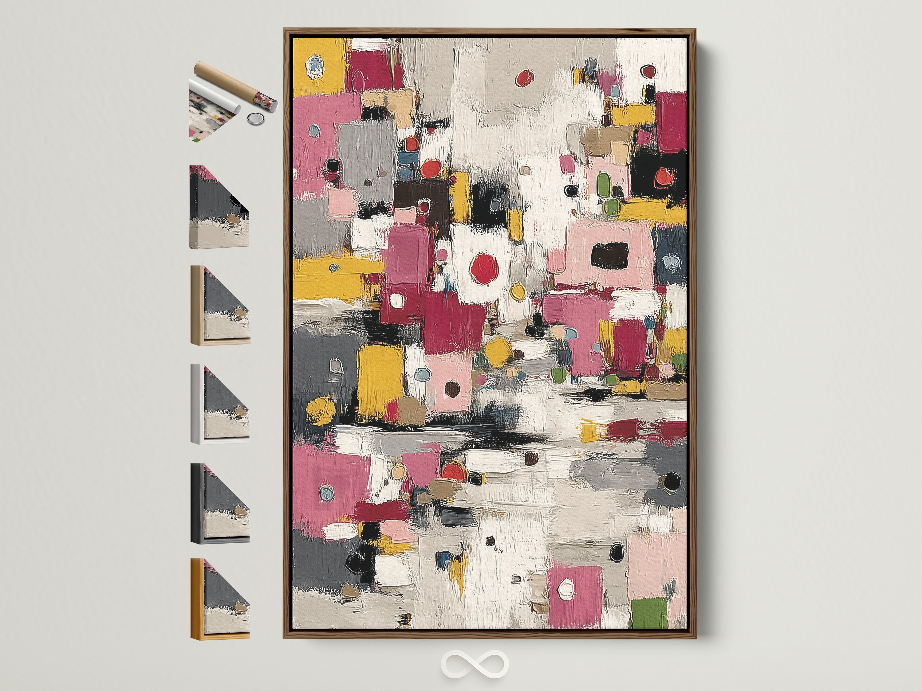 Brown frame displays abstract colorful canvas art. Modern geometric wall art complements minimalist modern or eclectic styles. Pink yellow decor enhances any office or living space. All frame options are showcased.