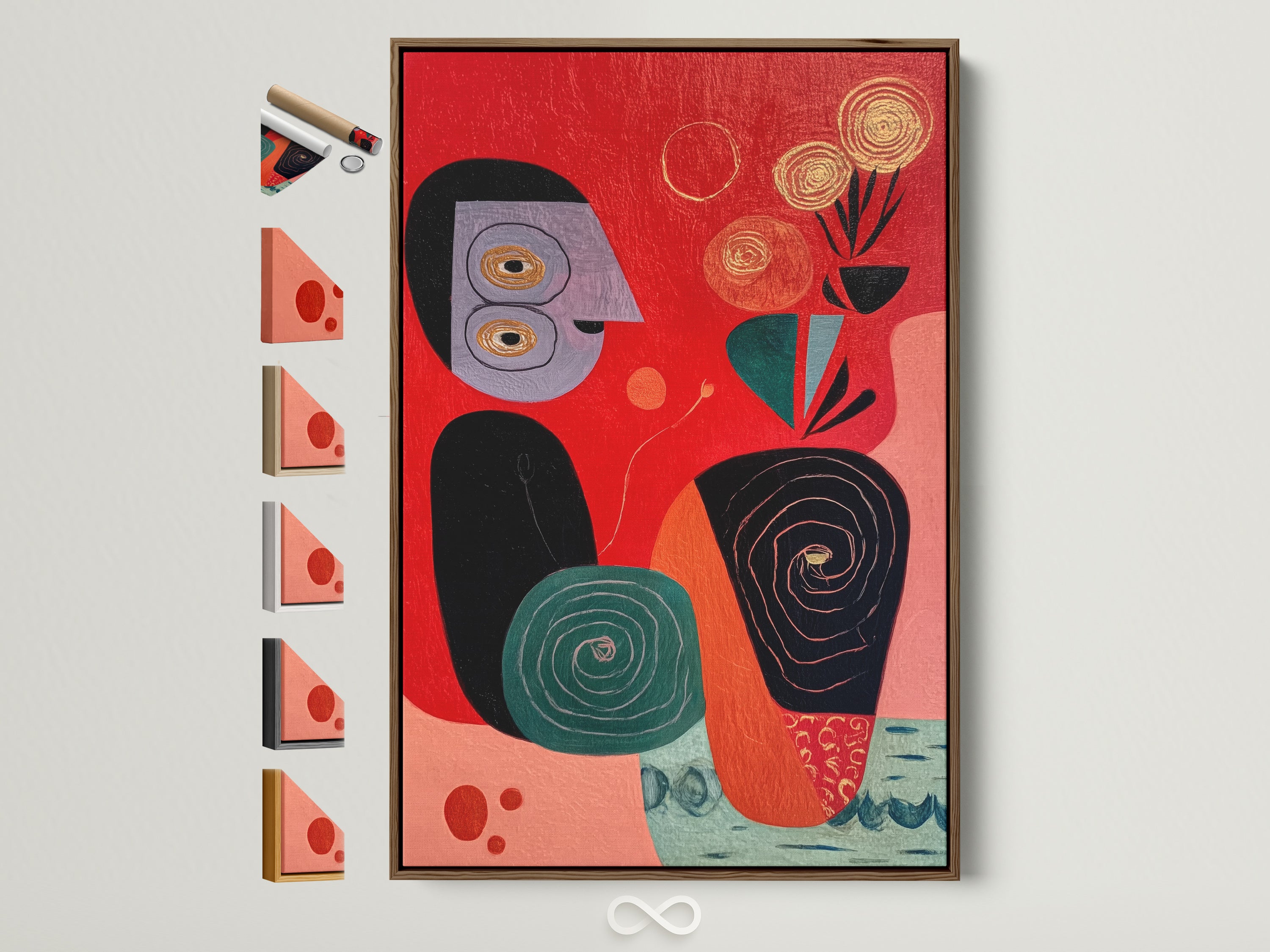 Modern abstract folk art in a brown frame. See all our framing options. The artwork is red with teal and black accents. This canvas print is perfect for dining rooms. Add colorful mid-century modern wall art to your home today.