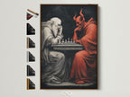 Chess Master artwork with a brown frame. The artwork depicts a devil and angel playing chess. Frame options are displayed on the side. Perfect gothic wall decor for a study room. Red and black are the primary colors.