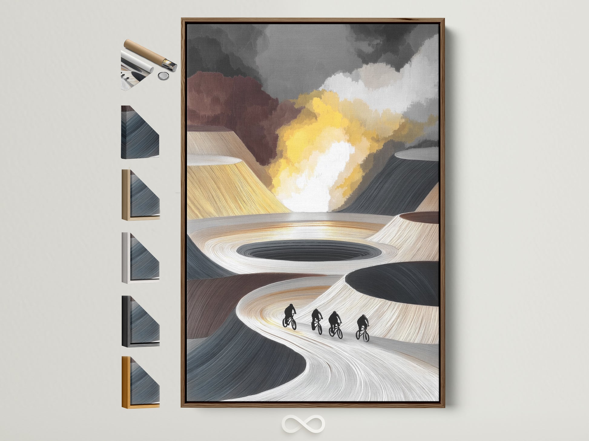 Brown frame displays cyclists abstract art. All frame options are visible. This modern art adds style to any room. The neutral tones complement minimalist decor. A perfect biking gift.