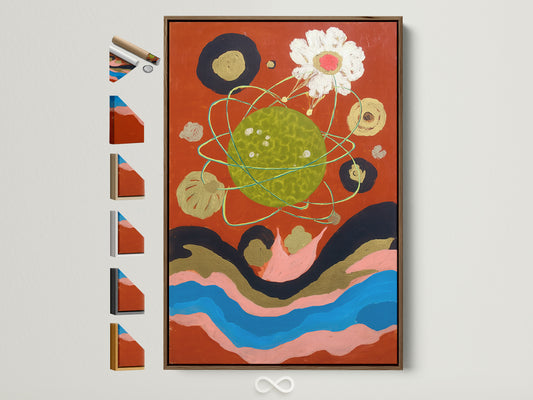A cosmic abstract art print is displayed in a brown frame. This celestial collage wall art is a modern surreal canvas print. Frame options are visible on the side. This artwork would be great as bedroom wall decor.