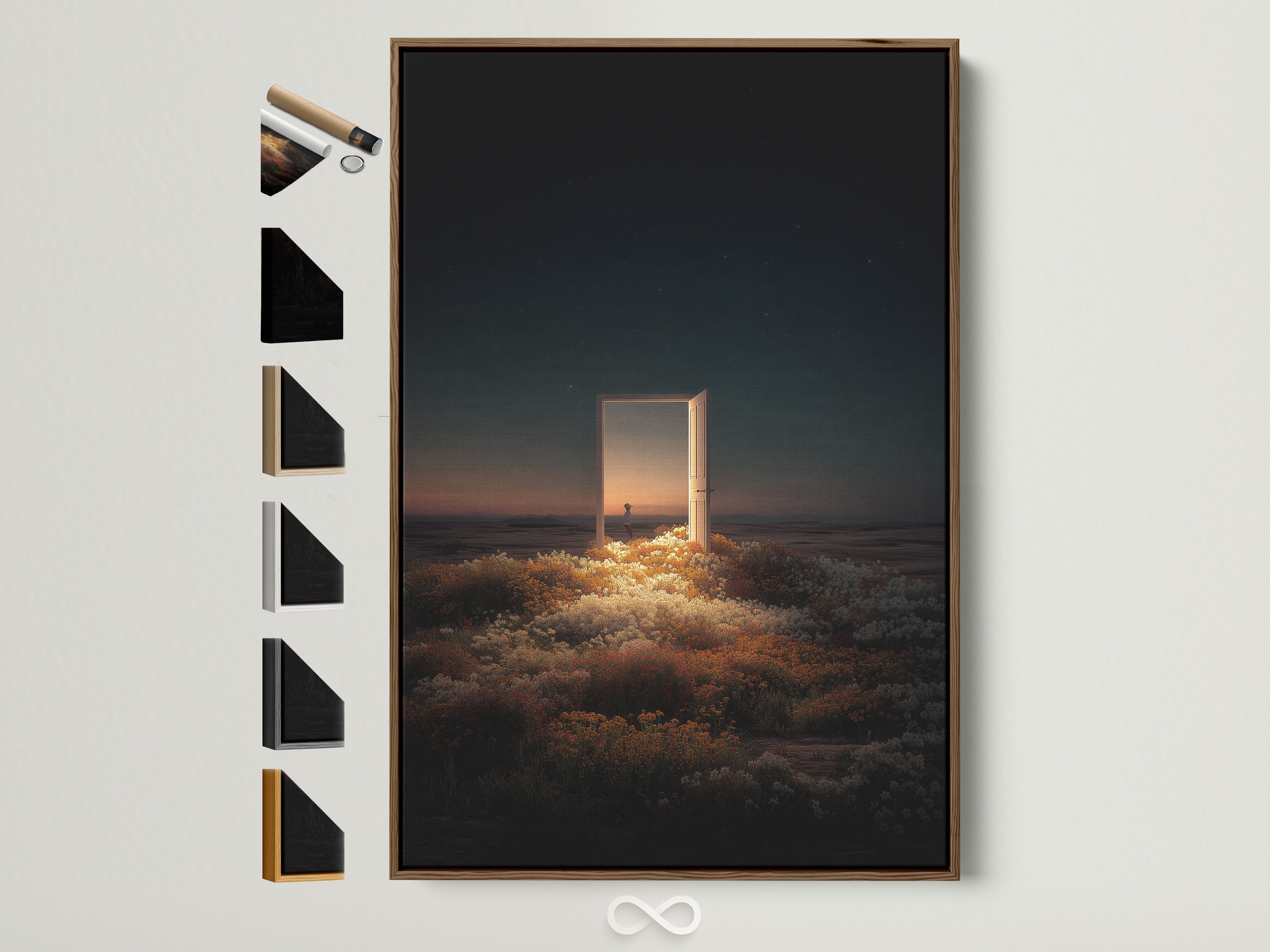 Brown frame with different frame options displayed. An artwork is displayed. The art features a door in a field. The artwork is matted and framed. Perfect for home decor.
