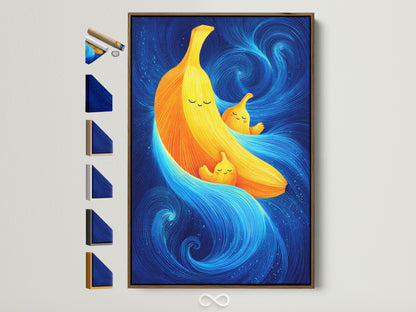 A Banana Family Canvas artwork print is shown in a brown frame. This whimsical artwork is ideal for kids room decor. The frame options are displayed on the side. It includes stretched canvas fine art poster paper and floating frame choices.