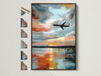 Modern airplane artwork in a brown frame. This abstract aviation art print features a sunset reflection. See all available frame options for this aviation art on our website. Perfect sky art for office wall decor.