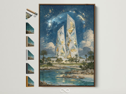 A framed Crystal Tower art piece is displayed on a white wall. The frame is a light brown color. Various frame options are showcased on the side. This futuristic landscape wall art adds a modern touch to any space.