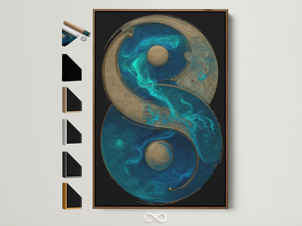 Yin Yang canvas art featuring a teal blue and gold spiritual motif. This artwork is framed in a brown floating frame. See all frame options available. Perfect zen balance symbol print for meditation room decor. Add spiritual decor to your home with this feng shui art. Enhance mindfulness with this zen wall decor.