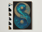 Yin Yang canvas art featuring a teal blue and gold spiritual motif. This artwork is framed in a brown floating frame. See all frame options available. Perfect zen balance symbol print for meditation room decor. Add spiritual decor to your home with this feng shui art. Enhance mindfulness with this zen wall decor.