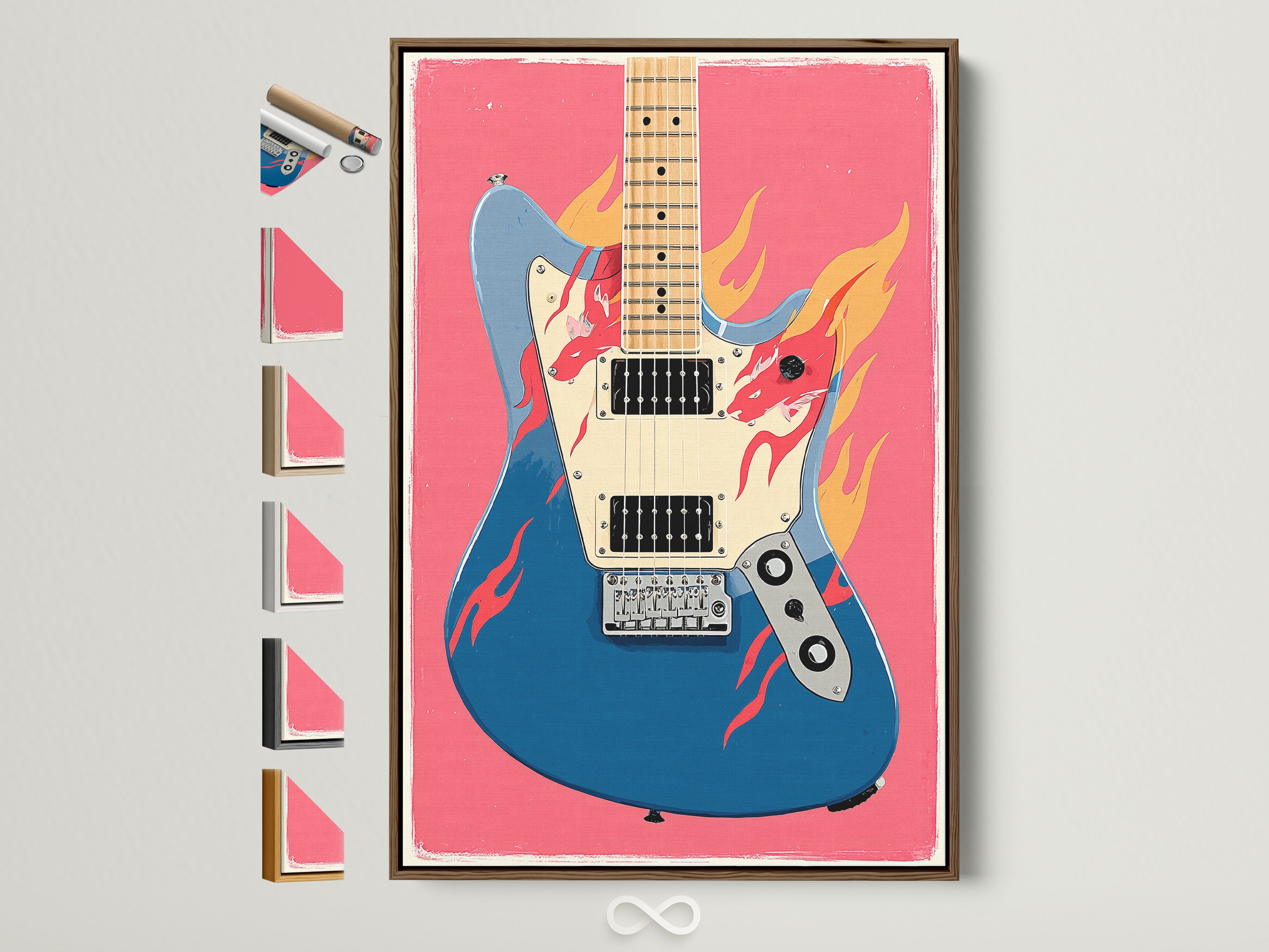 The electric guitar canvas artwork is displayed within a brown frame. Notice the various frame options arrayed beside it. This setup allows for easy customization. Find the perfect frame for your music themed art today. Ideal for studio wall decor.