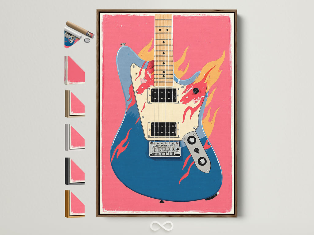 The electric guitar canvas artwork is displayed within a brown frame. Notice the various frame options arrayed beside it. This setup allows for easy customization. Find the perfect frame for your music themed art today. Ideal for studio wall decor.