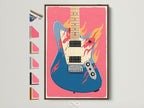 The electric guitar canvas artwork is displayed within a brown frame. Notice the various frame options arrayed beside it. This setup allows for easy customization. Find the perfect frame for your music themed art today. Ideal for studio wall decor.
