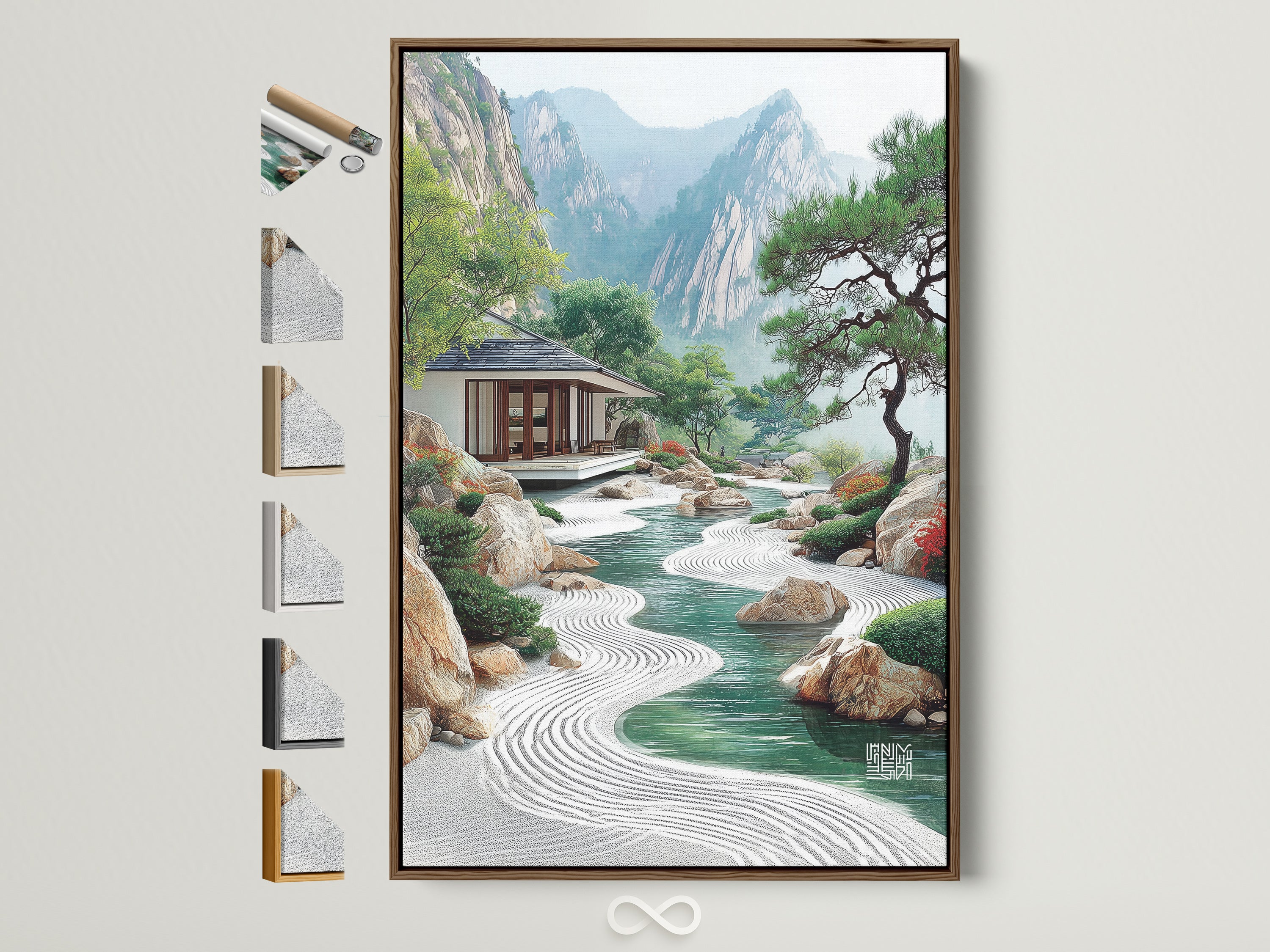 Zen Garden Canvas Artwork in a Brown Frame. See all frame options available. Refined Asian art for modern homes. This oriental wall decor complements minimalist and Scandinavian styles. A serene addition to any space.