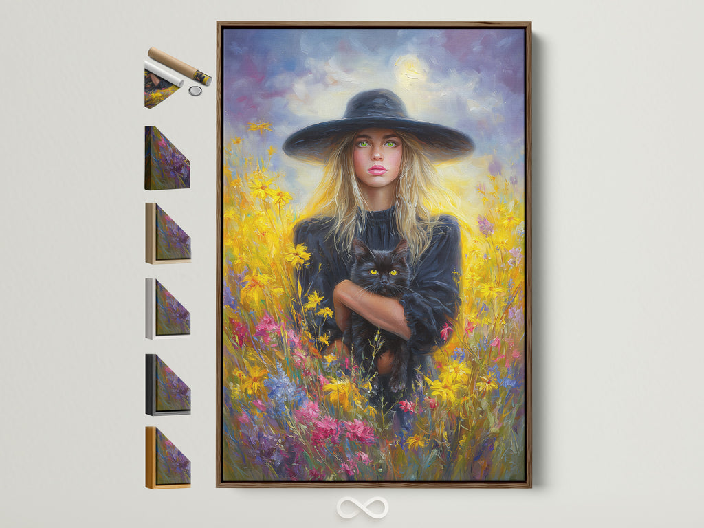 A captivating artwork is displayed in a warm brown frame. This artwork features a woman and her cat in a field of colorful flowers. Explore various frame options to enhance your chosen artwork. Find the perfect frame to complement your home decor.