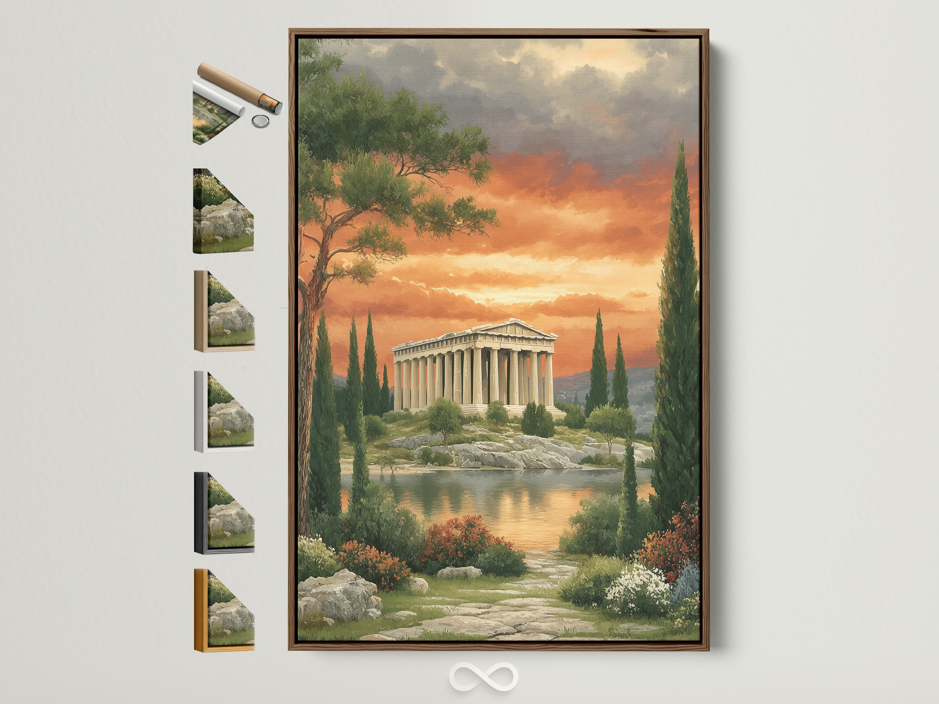 Greek Temple artwork with a brown frame. This classical architecture wall art features the Parthenon landscape. All frame options are displayed on the side. It's perfect for office decor and adds a touch of history to any space. Consider this artwork for minimalist Scandinavian or eclectic styles.