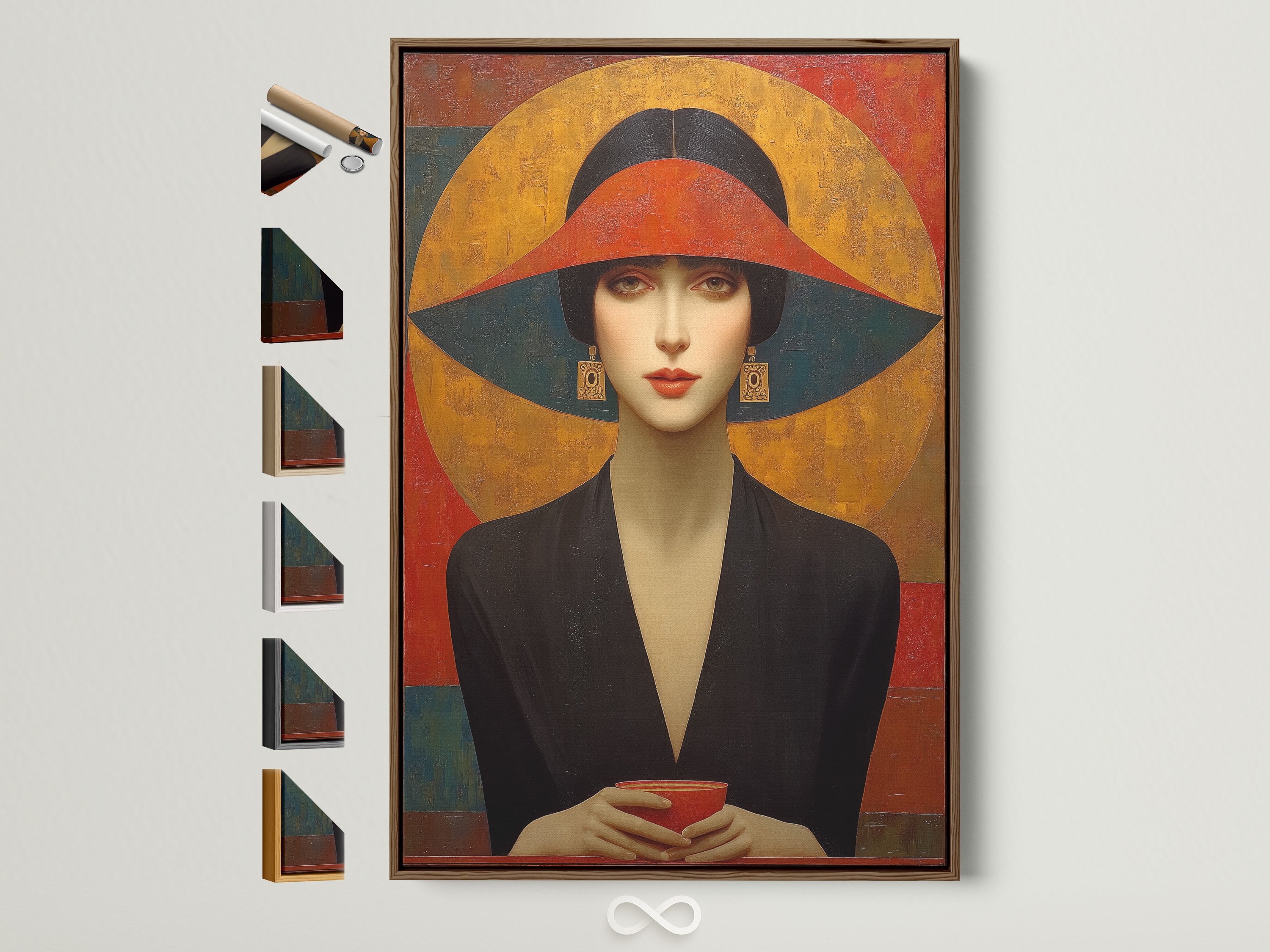 Vintage fashion canvas art print in a brown frame. The artwork features an Art Deco woman portrait. All frame options are displayed on the side. This geometric wall art will elevate your bedroom decor. The primary color is red and the secondary color is gold.