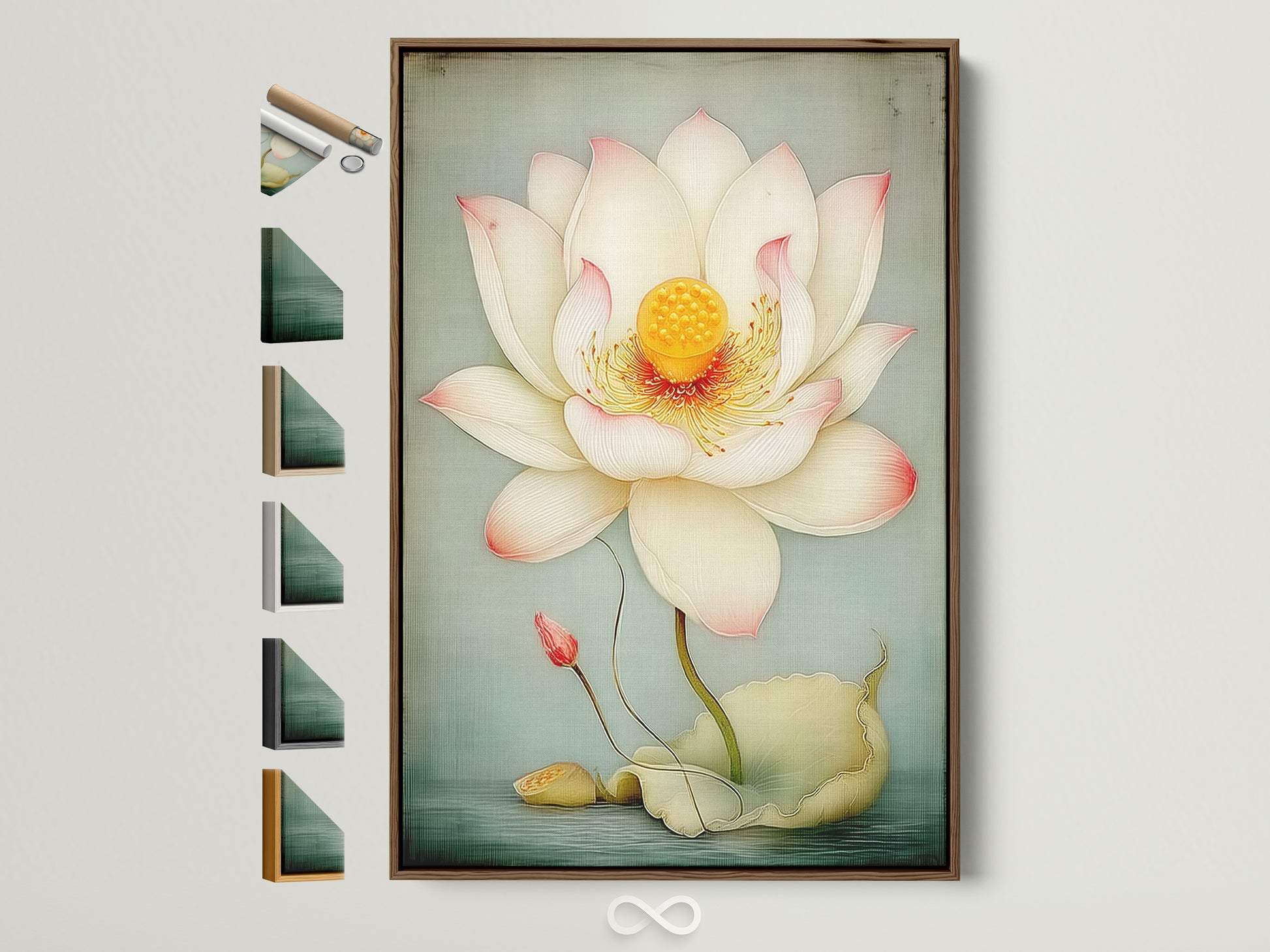 Lotus Flower artwork with a brown frame is displayed. This wall art brings a serene touch to any room. Notice the various frame options displayed on the side. Perfect for adding a calming aesthetic to your space. It is ideal for bedrooms or meditation areas.