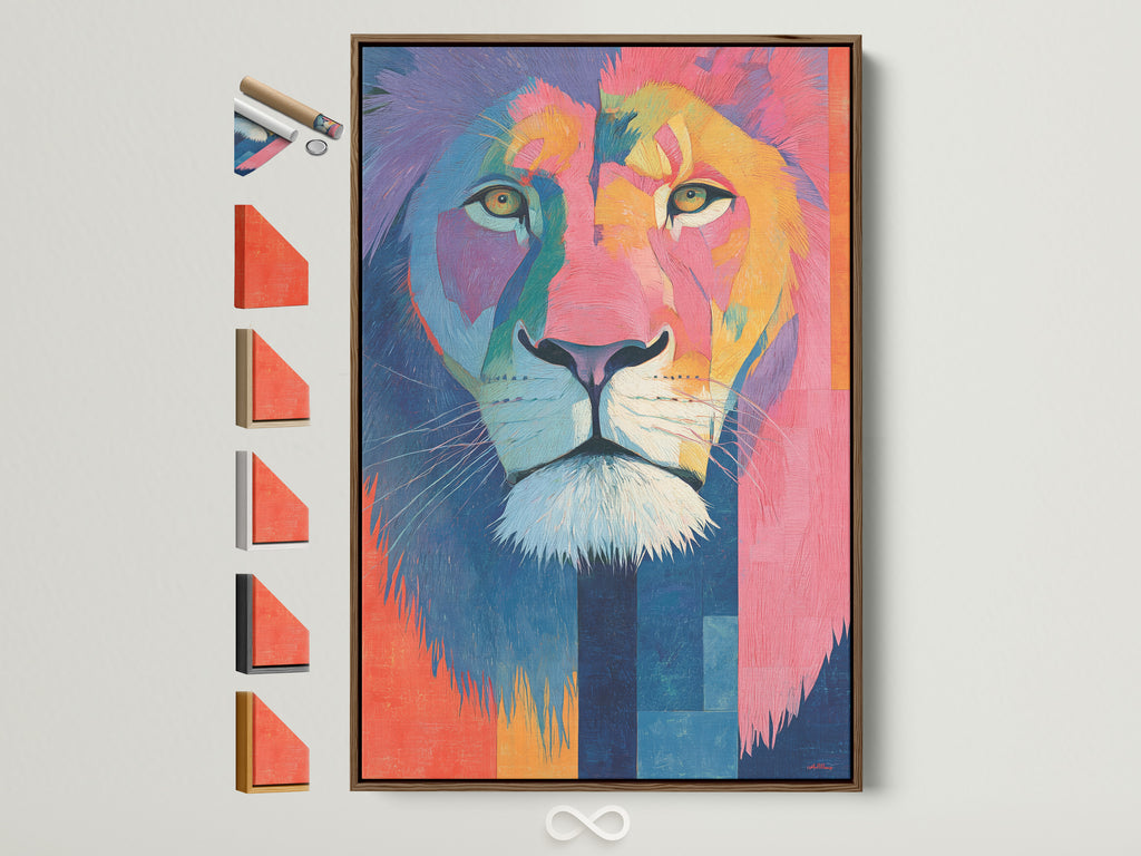A colorful lion artwork is displayed in a brown frame. All frame options are visible on the side. It showcases various styles. Explore different frame choices for your artwork. Find the perfect match.