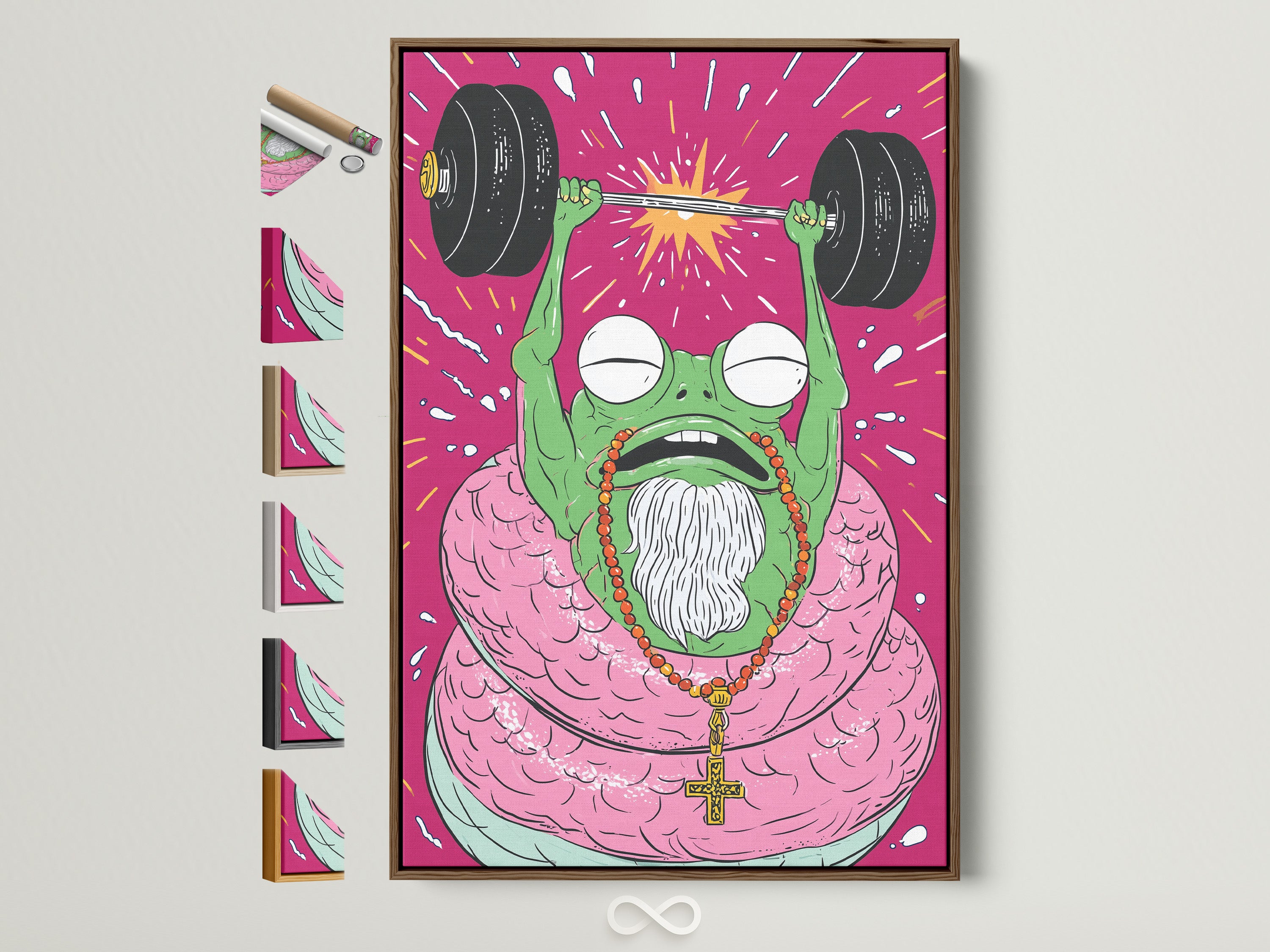 Fitness Frog art print with a brown frame. This weightlifting gym wall art is a quirky motivational poster. Perfect for your home gym decor. See all frame options available to customize your fitness artwork.