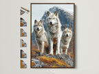 Wolf Pack artwork with a brown frame. See the mountain landscape poster displayed with all available frame options. Perfect wildlife wall art for cabin decor and rustic home art settings. Explore frame styles now