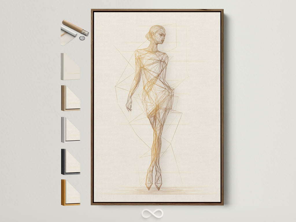 Ballet Dancer Art Print displayed in a brown frame on a white wall. This figure drawing wall art is perfect for studio decor. All frame options are visible on the side. The artwork has a contemporary style. It features primary gold and secondary beige colors.