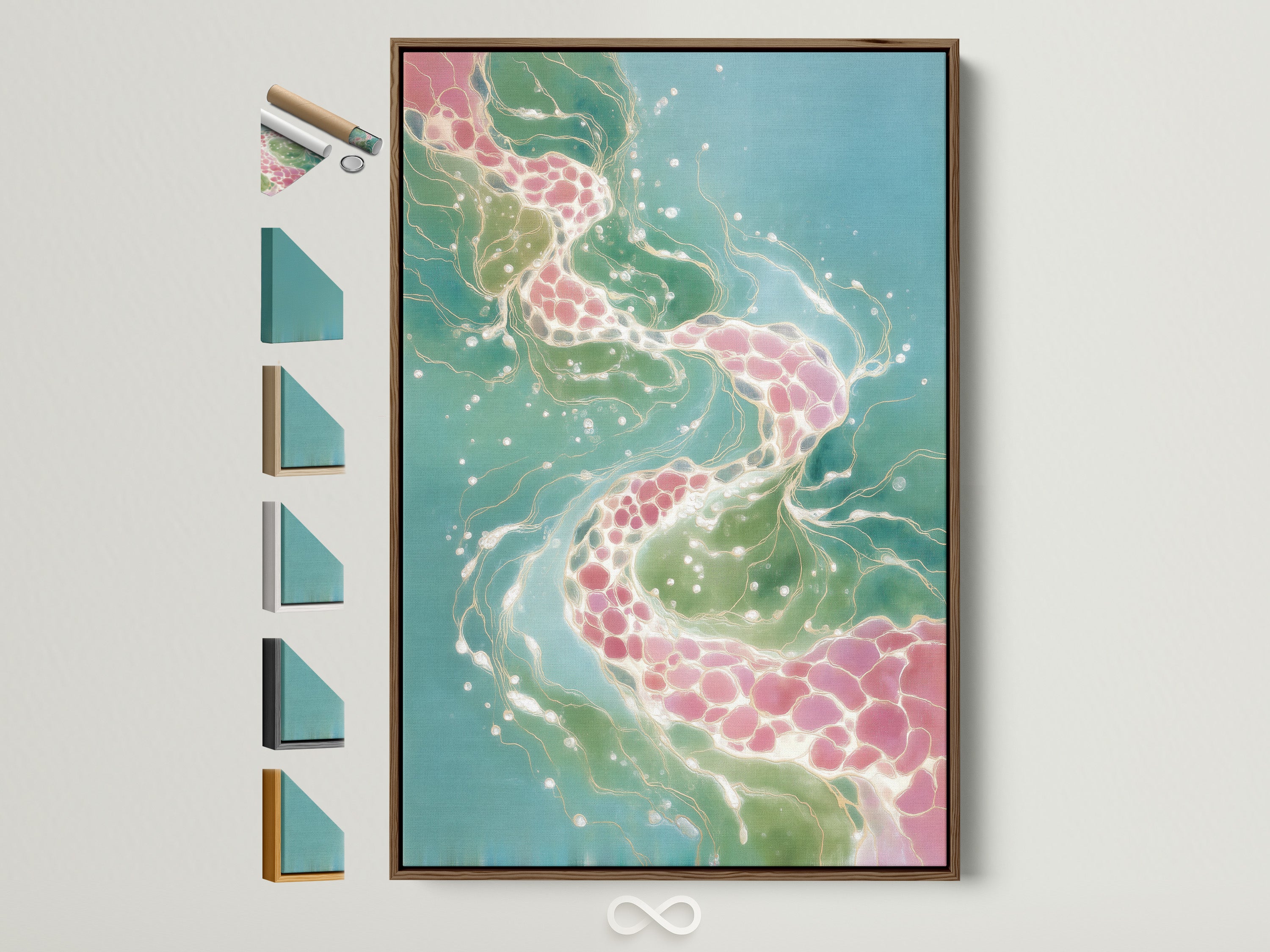 Abstract Fluid Art Print in a brown frame. The artwork features teal and pink hues creating a modern organic flow. Frame options are displayed. Perfect wall decor for a contemporary space.