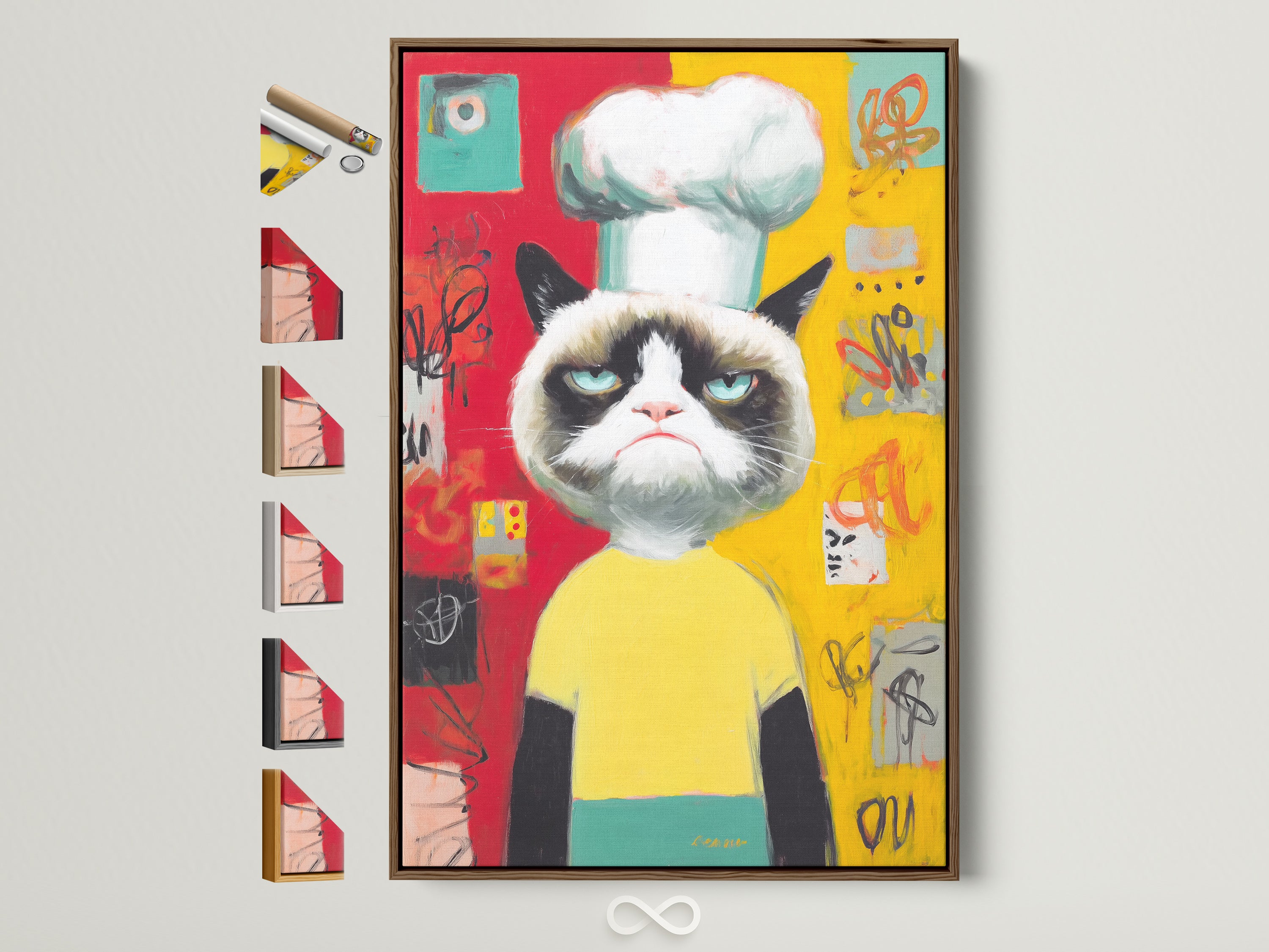 Explore the Chef Cat Wall Art in a brown frame. See all available frame options displayed beside it. This funny grumpy cat canvas print adds colorful pop art to your kitchen or dining room. A perfect quirky wall art piece for cat lovers.