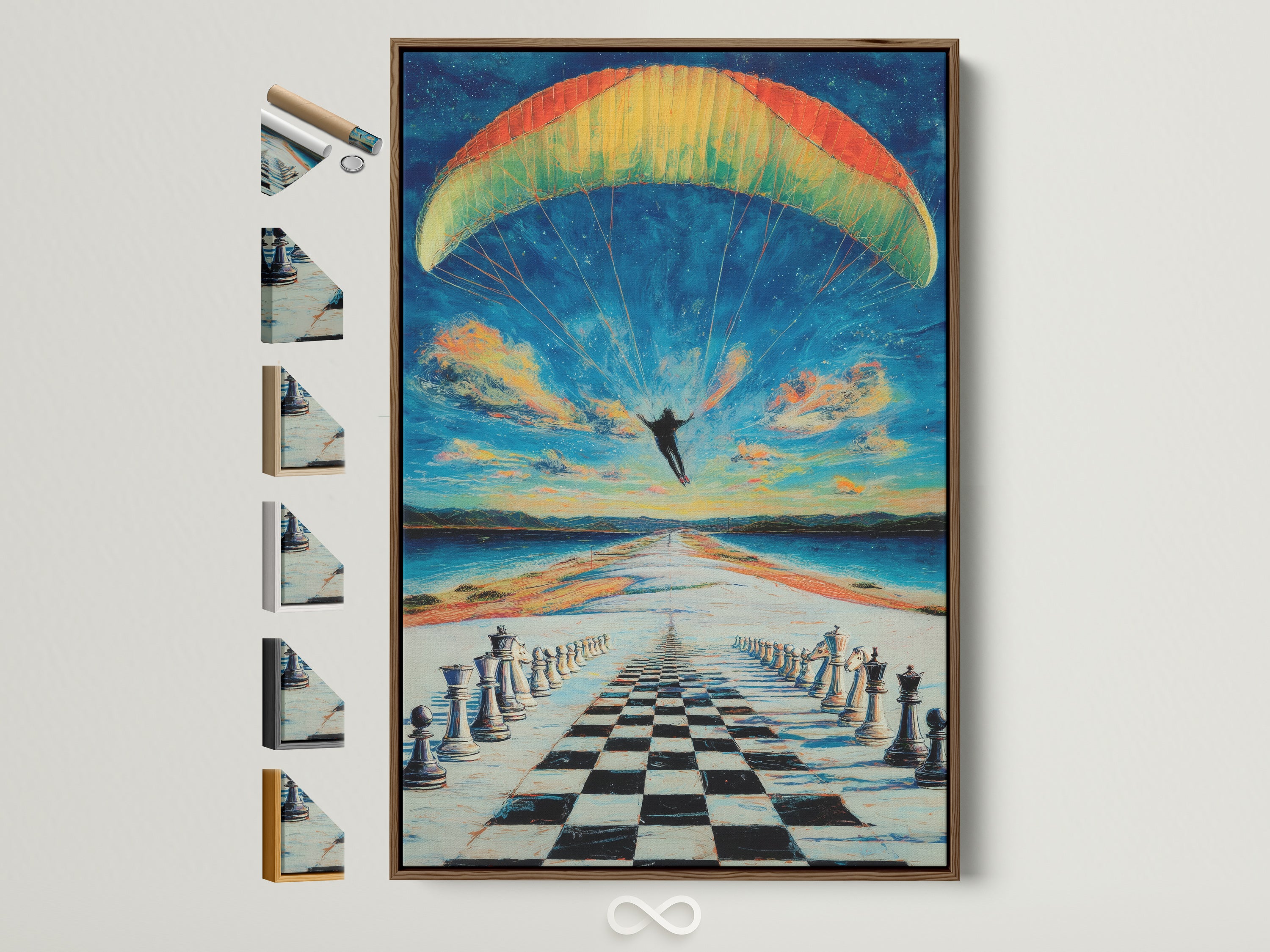 Surreal chess skydiving print in brown frame.