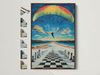 A surreal chess skydiving canvas print is showcased in a brown frame. Other frame options are displayed on the side. This artwork is a unique piece for modern wall art lovers. It adds a touch of creativity to any space.