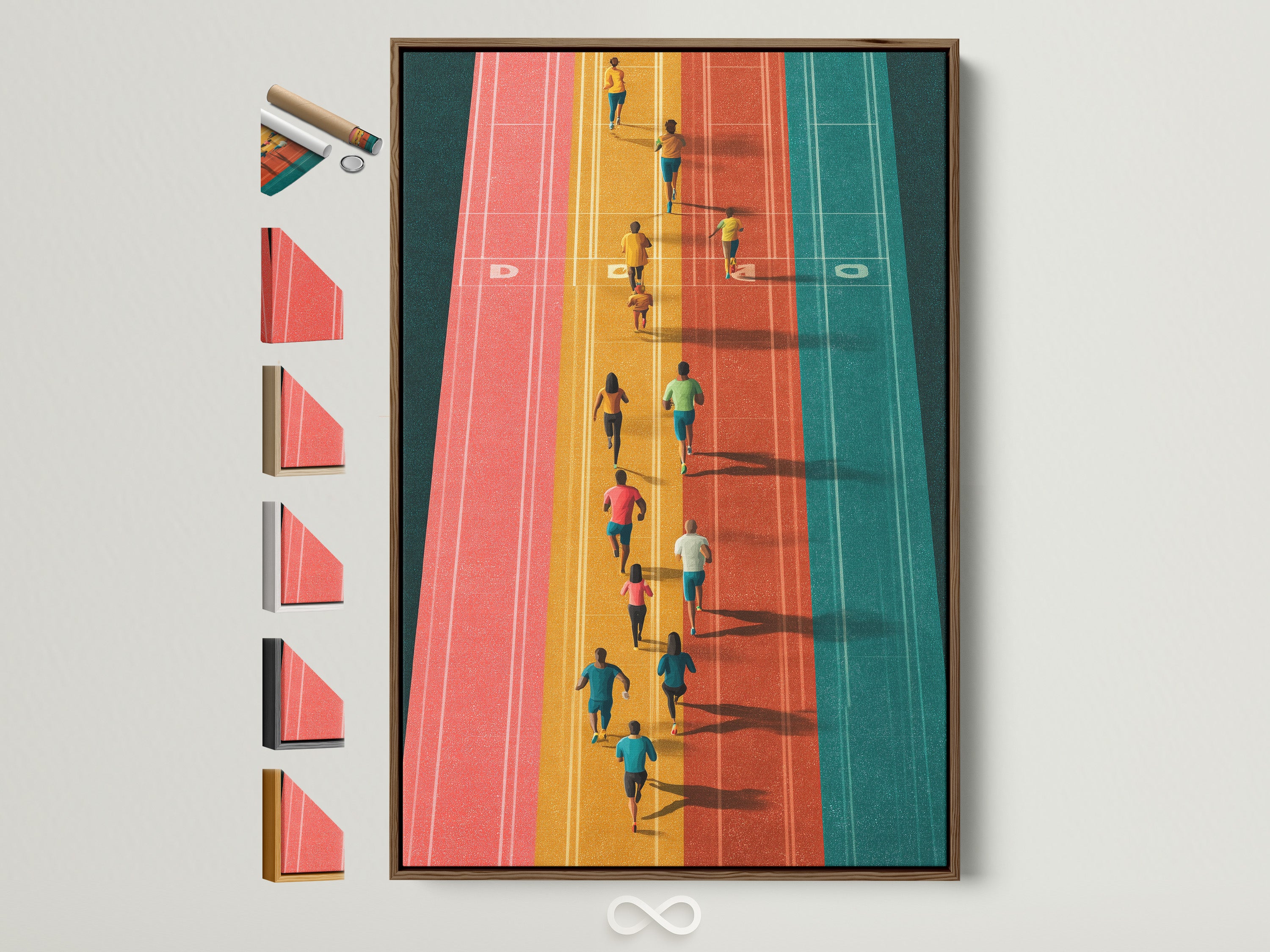 Running track artwork framed in brown. See all frame options. Enhance your home gym decor with aerial sports wall art. This colorful athletes print adds motivation to any space. A vibrant and stylish addition.