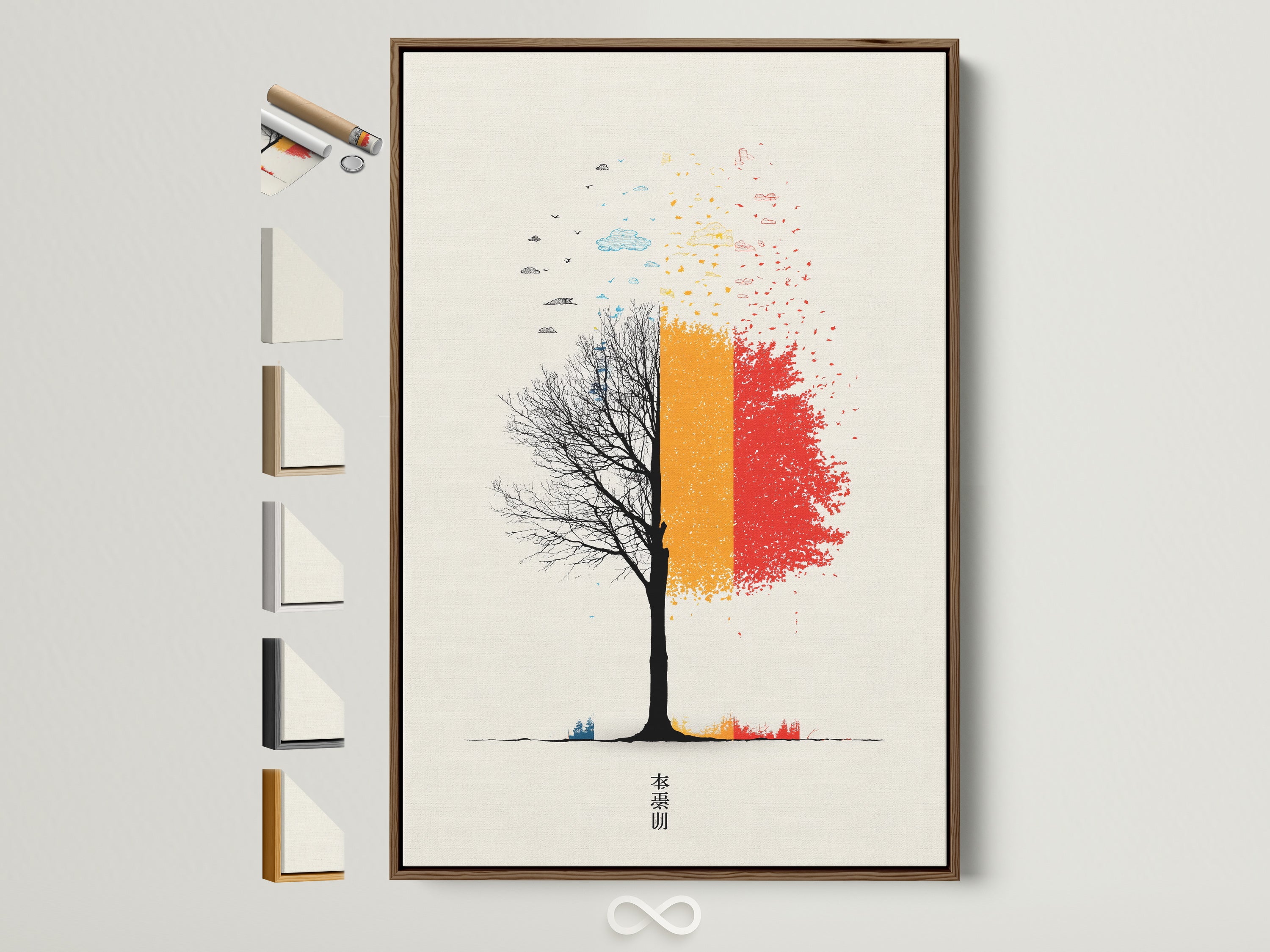 Abstract tree artwork in a brown frame. This modern colorful wall art features a tree silhouette with red and orange hues. Frame options are displayed on the side. Perfect nature inspired artwork for office decor or home. A minimalist design adds a contemporary touch to any space.