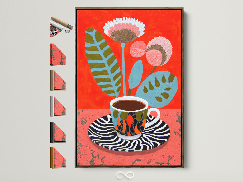 Brown frame displaying a Coffee Cup Canvas Print. The floral botanical wall art is a modern still life artwork. Frame options are visible on the side showcasing the variety available. It enhances cozy home decor.