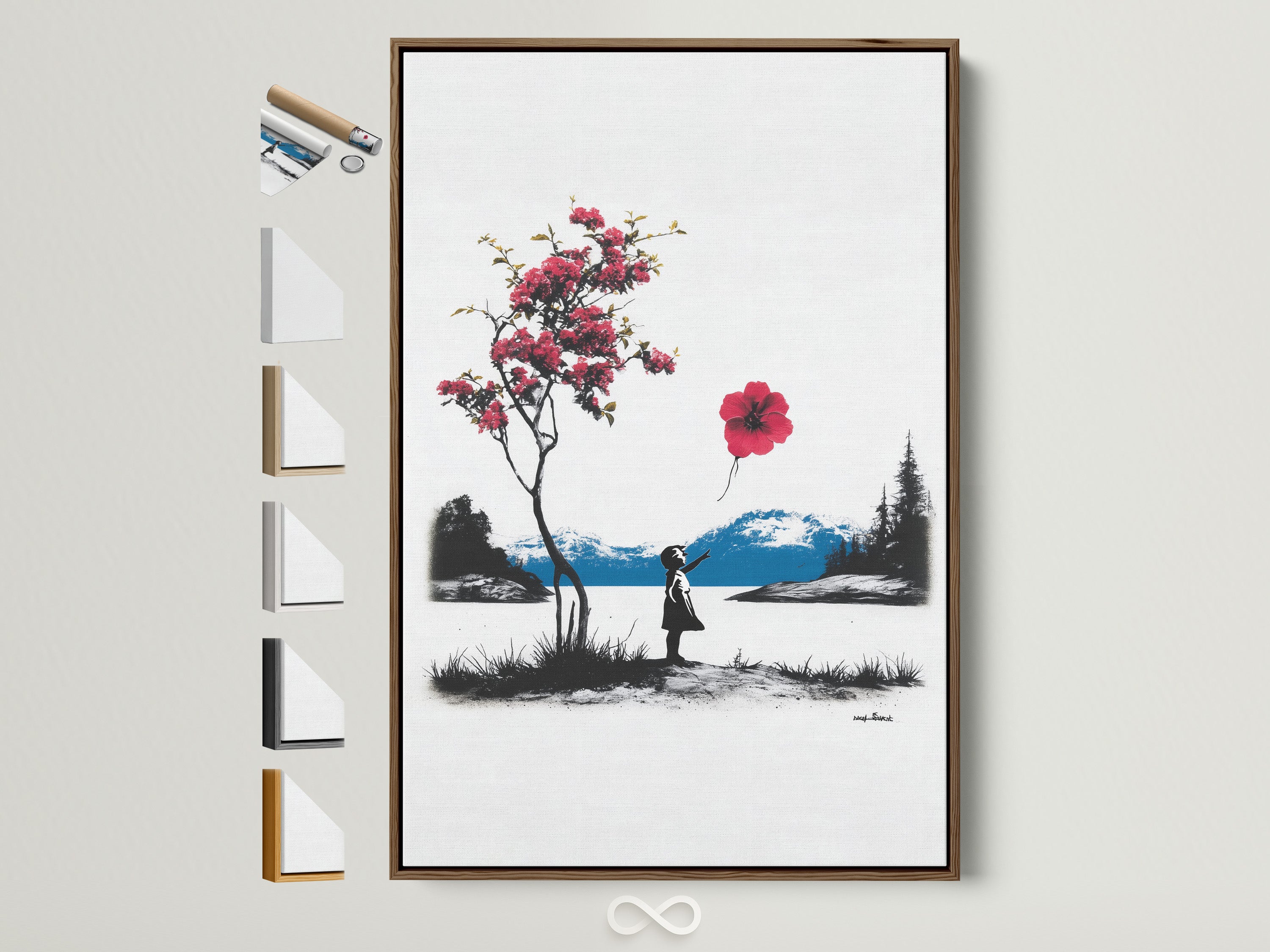 Explore framed artwork options. See all available frame styles side by side. Find the perfect frame to complement your art. A brown frame elegantly displays artwork. Discover framing possibilities for your space.