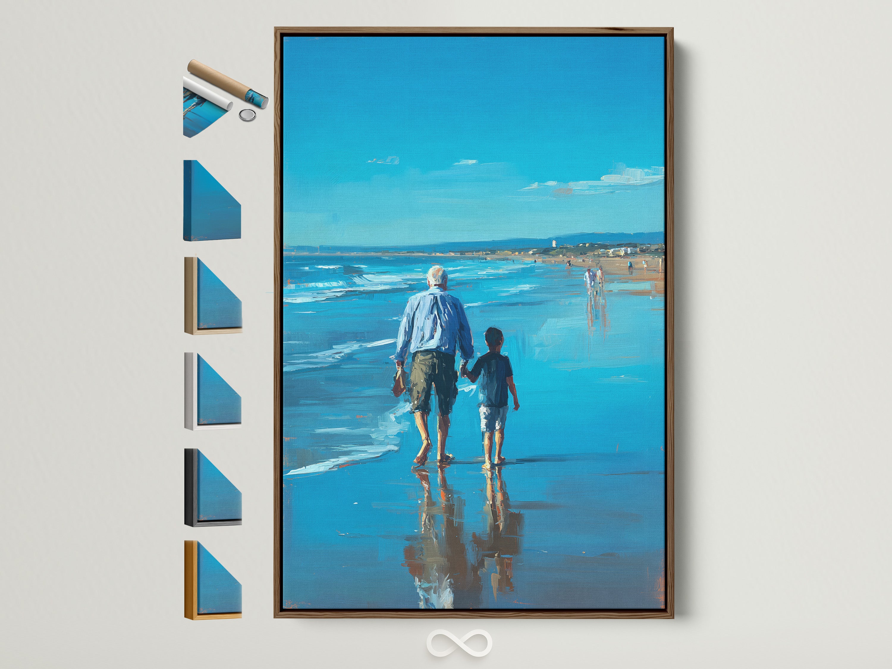A framed artwork hangs on a light beige wall. It features a brown frame and displays all frame options on the side. The art depicts a man and child walking on the beach. Sunlight creates a warm ambiance. The artwork enhances the room's aesthetic appeal.