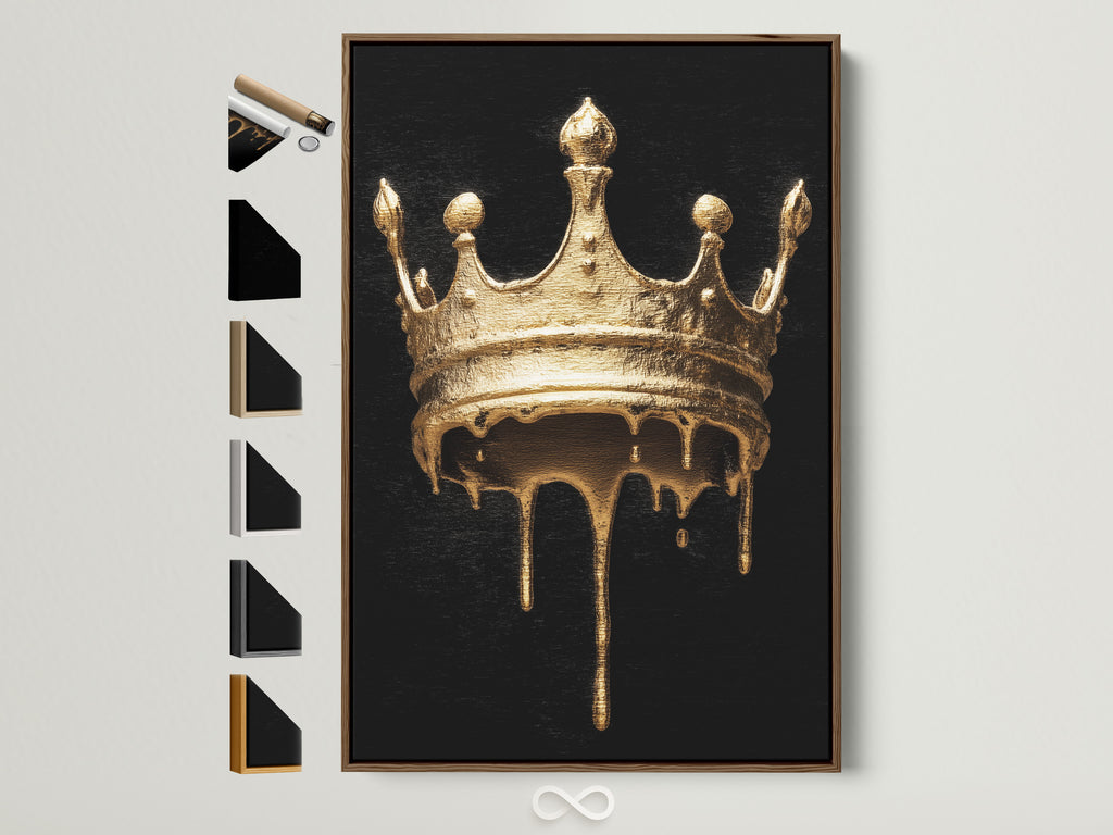 Melting Crown artwork with a brown frame. The artwork features a gold melting crown on a black background. Multiple frame options are showcased to the side. Elevate your space with gothic royalty art.