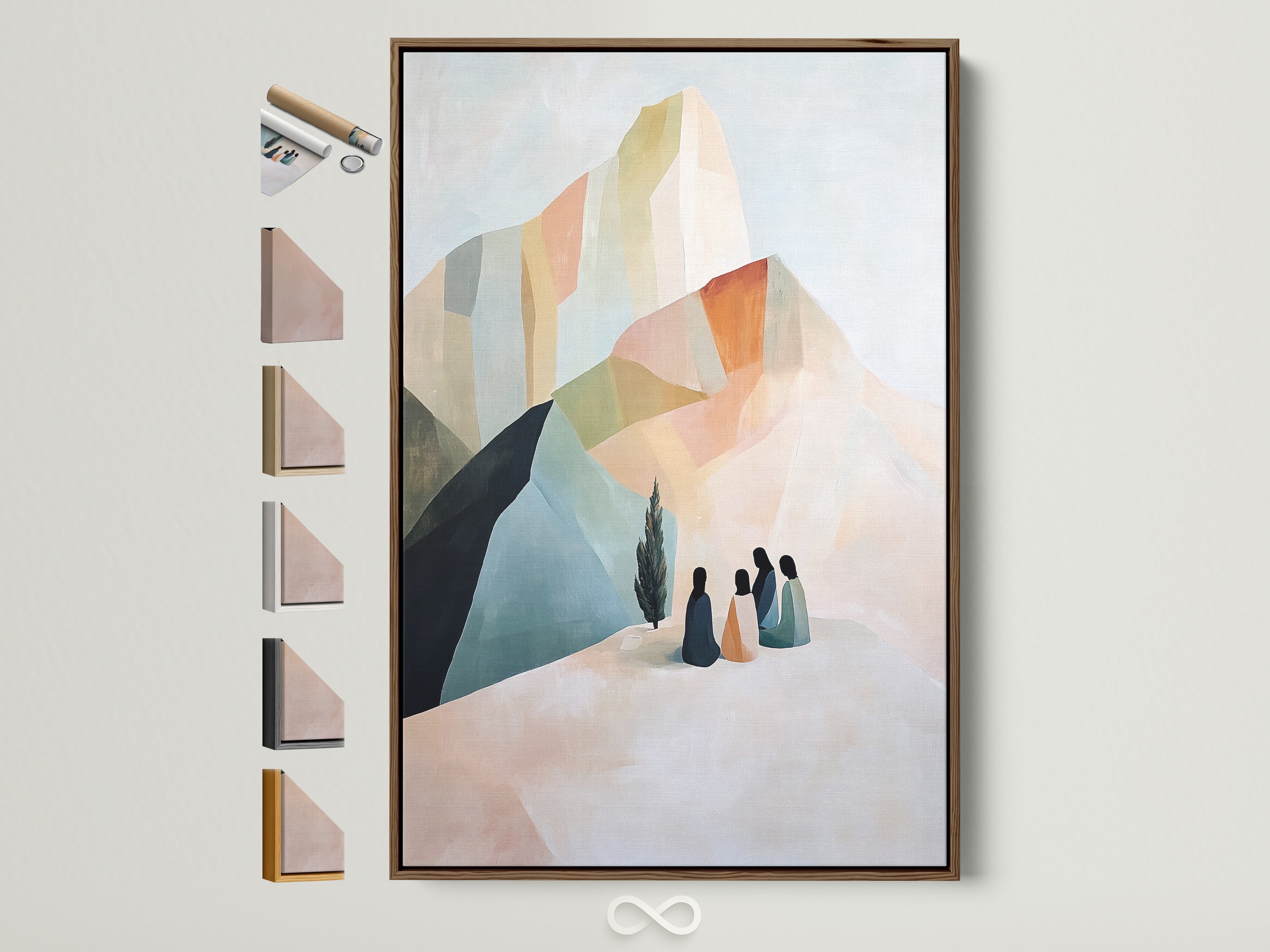 Beige and blue abstract mountain artwork in a brown frame. See all frame options on the side. Contemporary wall decor for minimalist and modern aesthetics. Perfect as living room or bedroom art.