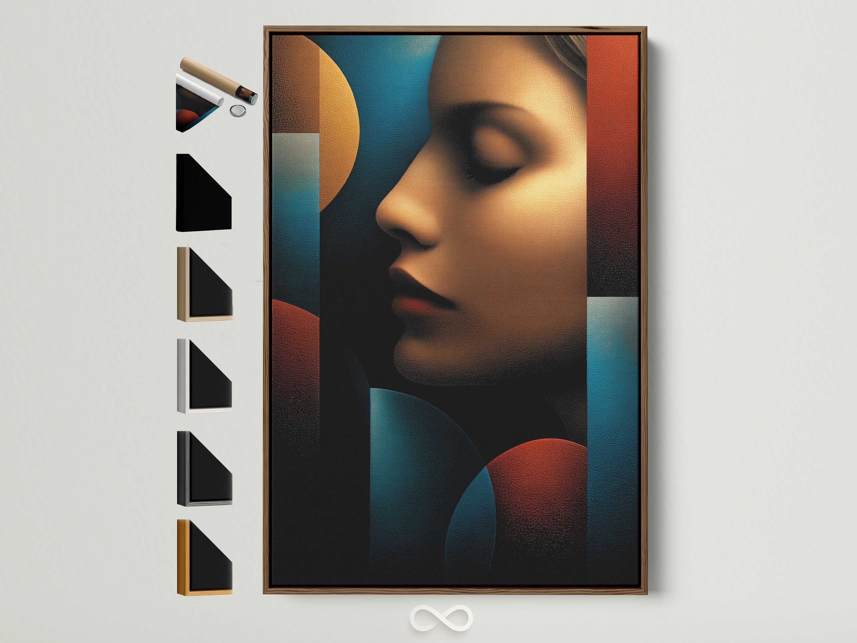 Brown frame artwork is displayed. All frame options are visible on the side. The artwork features a woman's profile with geometric shapes. The colors are rich and vibrant. This is a stylish addition to any room.