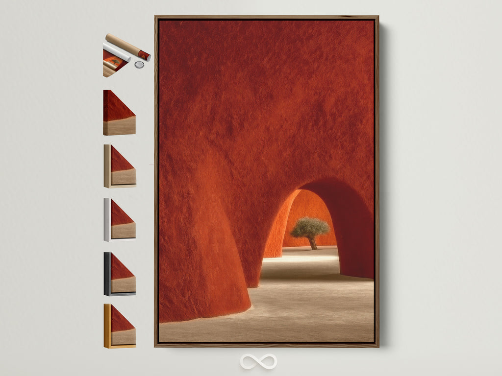 Brown frame featuring Desert Architecture Canvas Artwork. Frame options displayed. Showcasing terracotta adobe arches wall art. Southwestern minimalist decor for the bedroom is available. Find the perfect frame for your art.