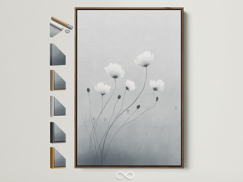 Minimalist flower art in a brown frame adds warmth to any room. This soft gray and white botanical wall art brings a touch of nature indoors. The light wood frame complements the delicate flower artwork. Frame options are displayed showing you the many ways you can customize your artwork.