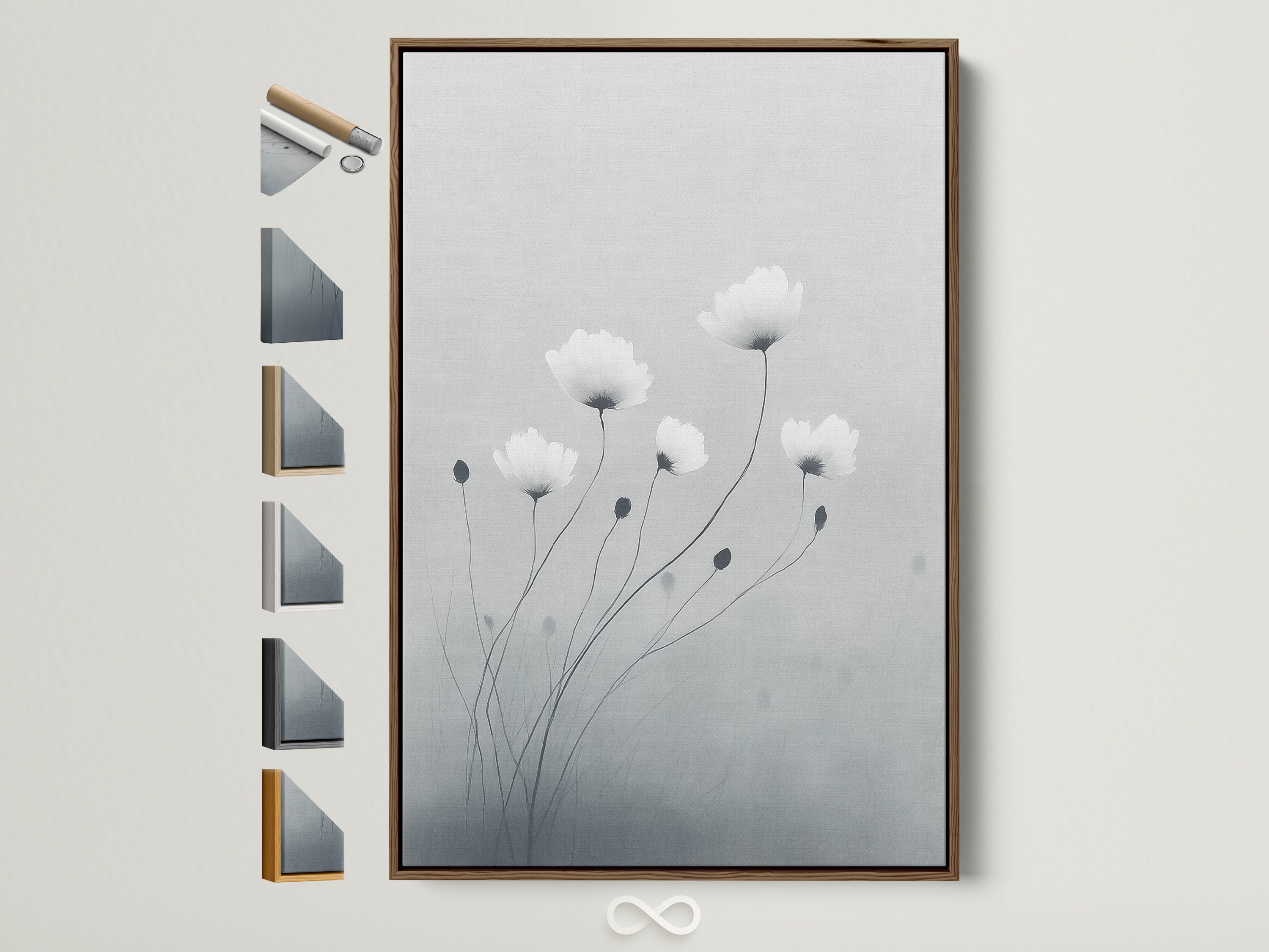 Minimalist flower art in a brown frame adds warmth to any room. This soft gray and white botanical wall art brings a touch of nature indoors. The light wood frame complements the delicate flower artwork. Frame options are displayed showing you the many ways you can customize your artwork.