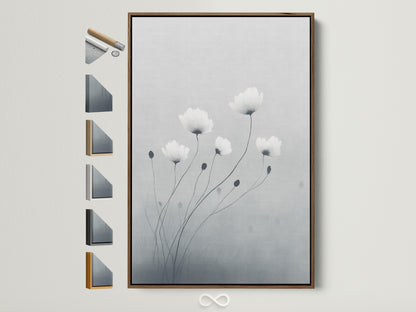 Minimalist flower art in a brown frame adds warmth to any room. This soft gray and white botanical wall art brings a touch of nature indoors. The light wood frame complements the delicate flower artwork. Frame options are displayed showing you the many ways you can customize your artwork.