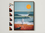 A captivating ocean sunset artwork. The brown frame beautifully complements the surreal wave illustration. All available frame options are displayed on the side. Perfect vintage beach wall art for your home decor