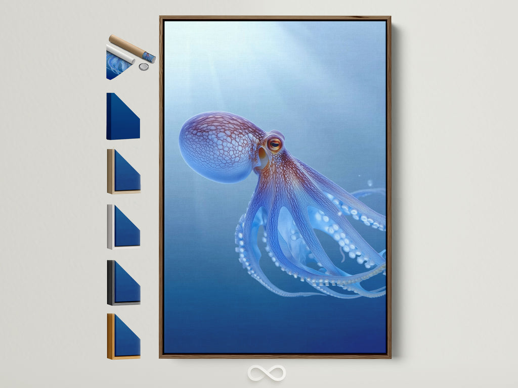 A captivating octopus art print graces a wall within a brown frame. This marine animal artwork adds a coastal touch to any space. Frame options are displayed beside it. Discover the perfect sea canvas for your home decor. Teal blue artwork brings the ocean's beauty indoors.
